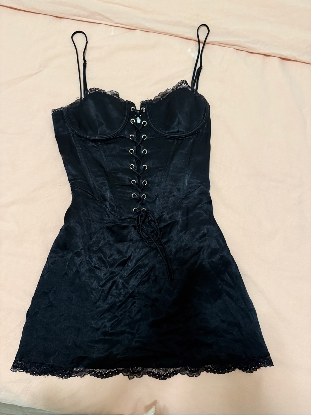 New Meshki Kalila Corset Black Satin Lace-Up Mini Dress, Size S - Picture 7 of 9